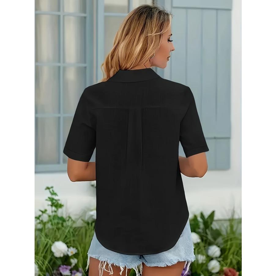 Fashion Bamboo Style Cotton Shirt Women's Short Sleeved Shirts Casual Lapel Neck Top Soft and Comfortable Blouse