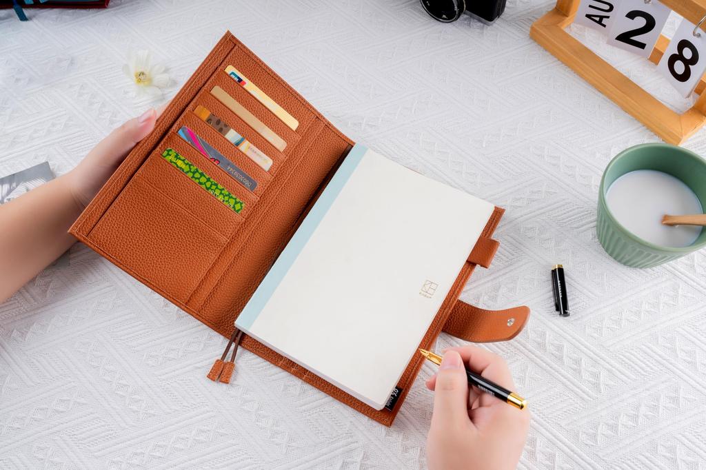 A5 Genuine Leather Notebook Compatible with Hobonichi Premium Planner Cover with Pen Card Bookmark and Snap Business Gift Cover, Cousin, Holder,