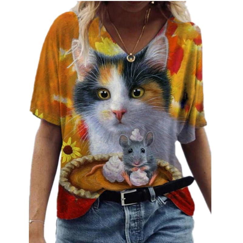 Fashion Spring  Multicolored Print Blouses Short Sleeved V-Neck T Shirts Casual