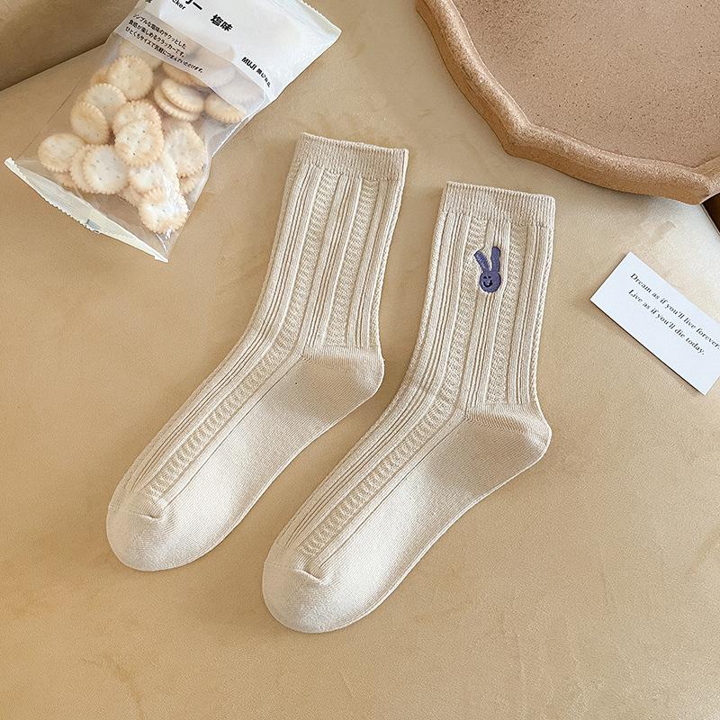 Female Spring and Autumn Solid Color Striped Bunny Embroidery Boneless Drum Pile Pile Socks