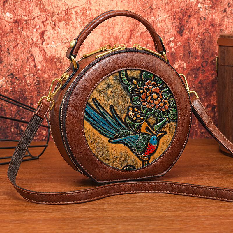Ethnic Vintage Round Crossbody - Handmade Carved Flower Women's Shoulder Bag Minimalist Texture Commuter Large Capacity Tote Bag