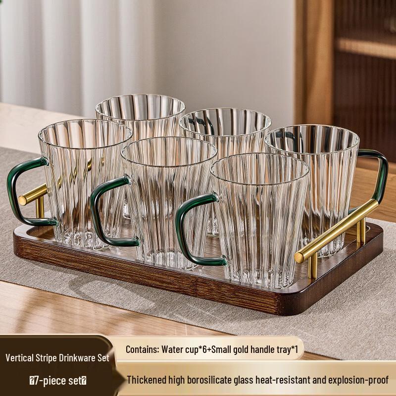 

Handton 6-Pack Vertical Stripe Glass Teacups with Green Handles and Gold Tray