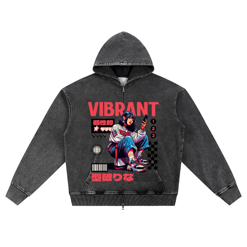 DTG Print Knitted Denim Zip-Up Hoodie VIBRANT Brother Print Zipper Hoodies