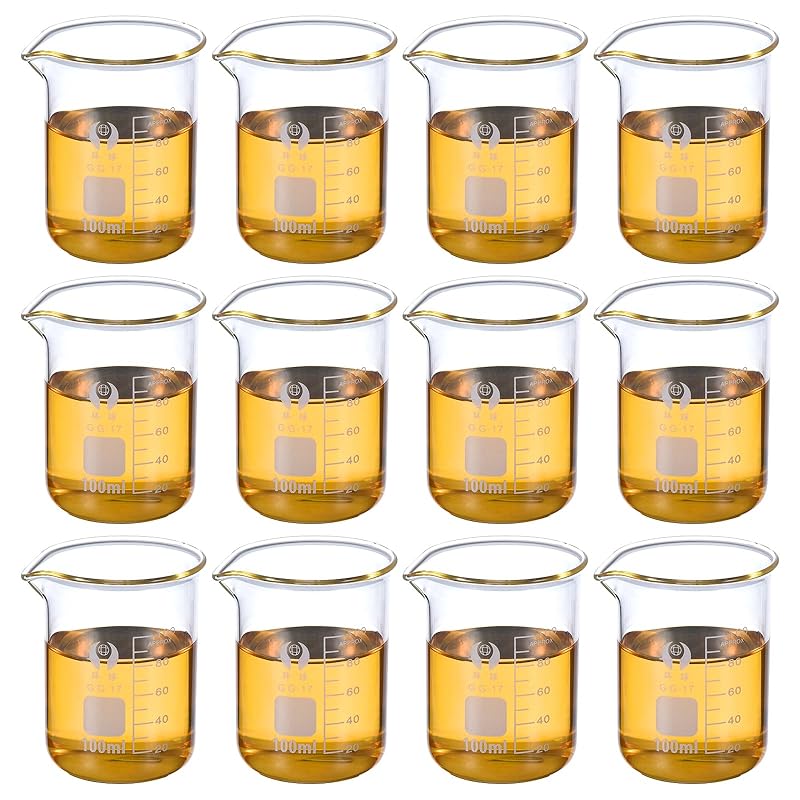 PATIKIL 50ml Low Form Glass Beaker, 12 Pack 3.3 Borosilicate Glass Graduated Printed Scale Measuring Cups with Spout for Kitchen Lab Liquids