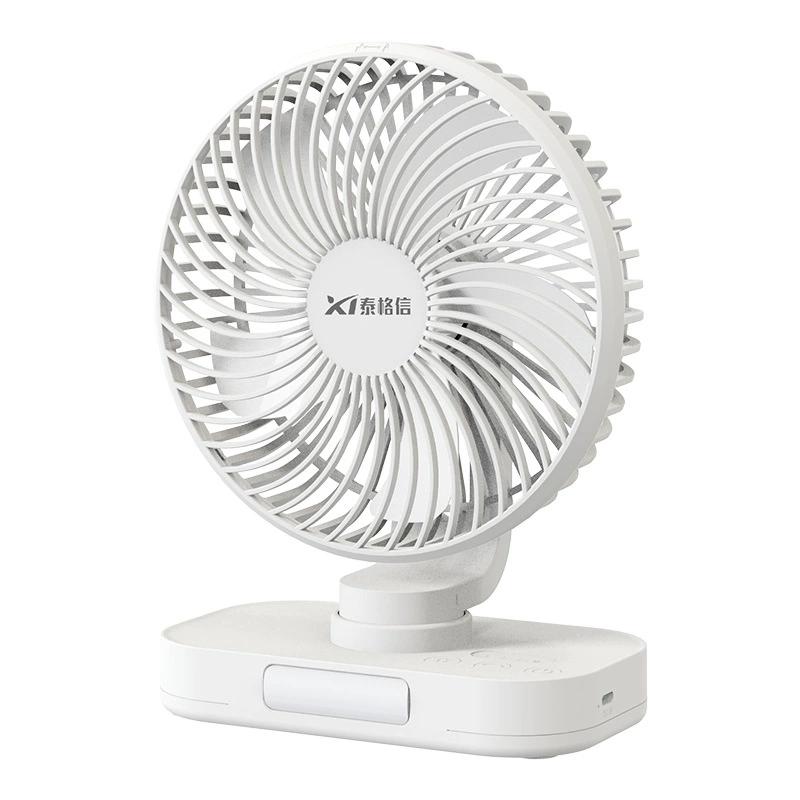 Ventilador de escritorio USB recargable con luz nocturna y rotación para oficina y hogar