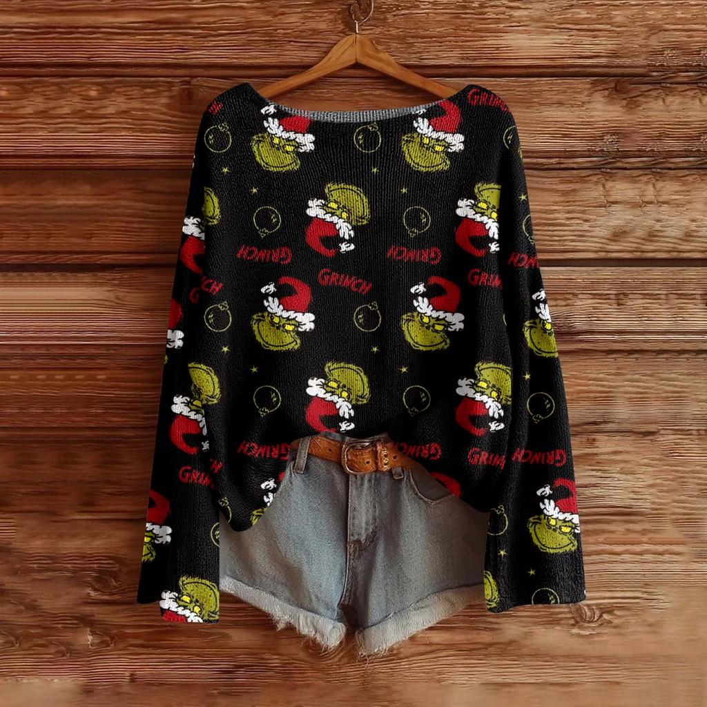 Women's Fashion Long Sleeve Christmas Print Knitted Long Sleeve Lined Long Sleeve