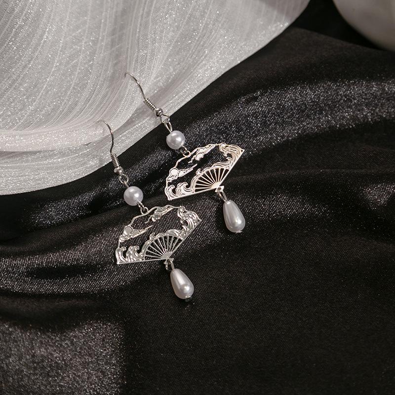 Gümüş İğne Retro Çin İnci Yeşim Hanfu Saray Tarzı Yelpaze Küpeler