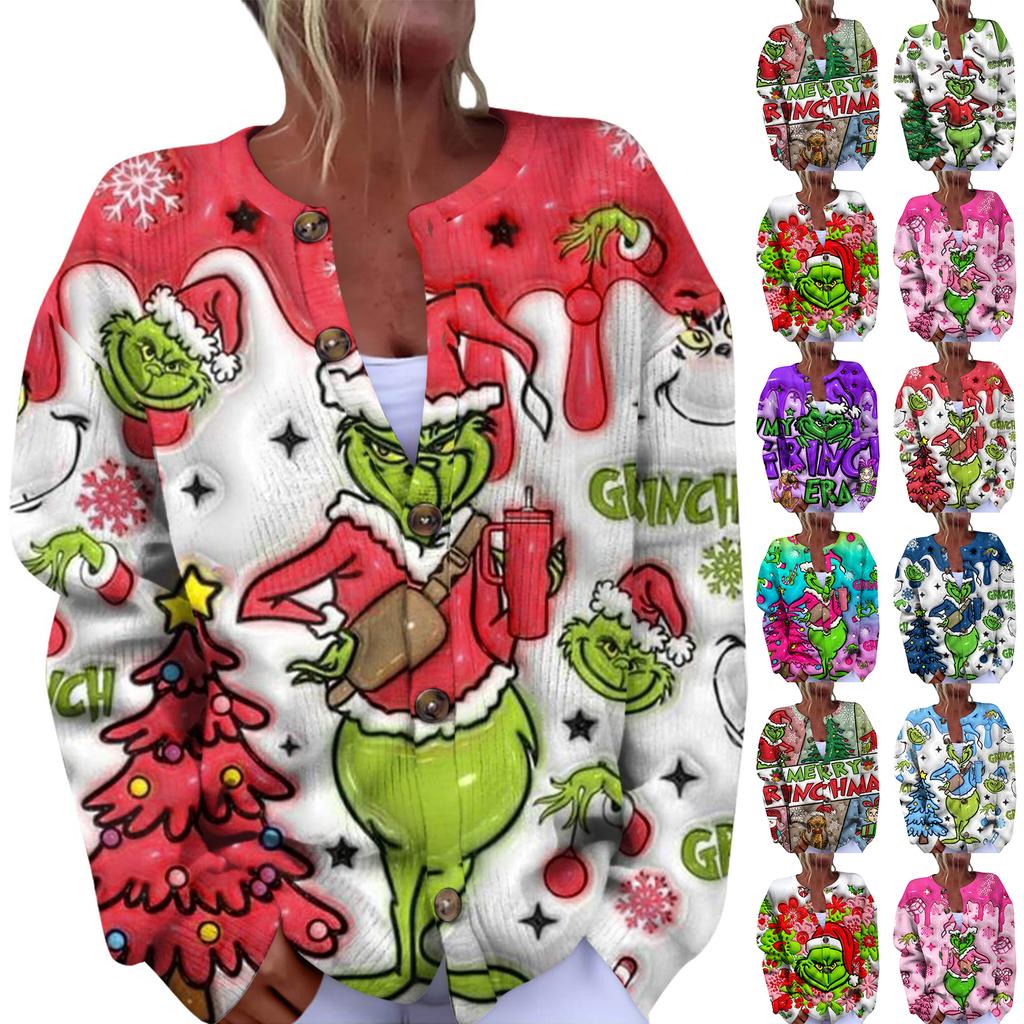 Women's Fashion Christmas Printed Long Sleeve Knitted Cardigan Button Down Jacket