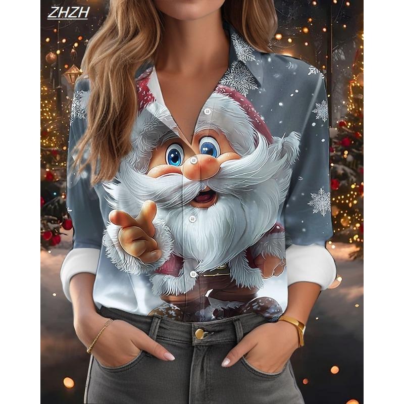 Christmas Women's Shirt Graphic Santa Claus Elegant Vintage Tropical Long Sleeve Shirt Collar Regular Top Work Daily Fall Winter