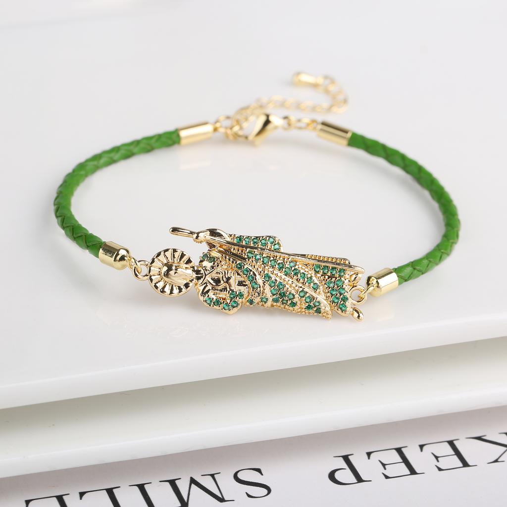 Green Pink Religious St. Jude Leather Rope Braided Jewelry Bracelet Fashion for Man Woman Daily Party Zirconia Jewelry