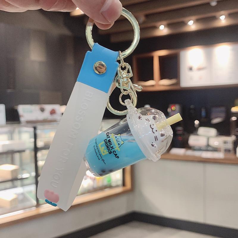 Cat Cute Cartoon Milk Tea Cup Keychain Acrylic Liquid Oil Keyring Lovely Pendant