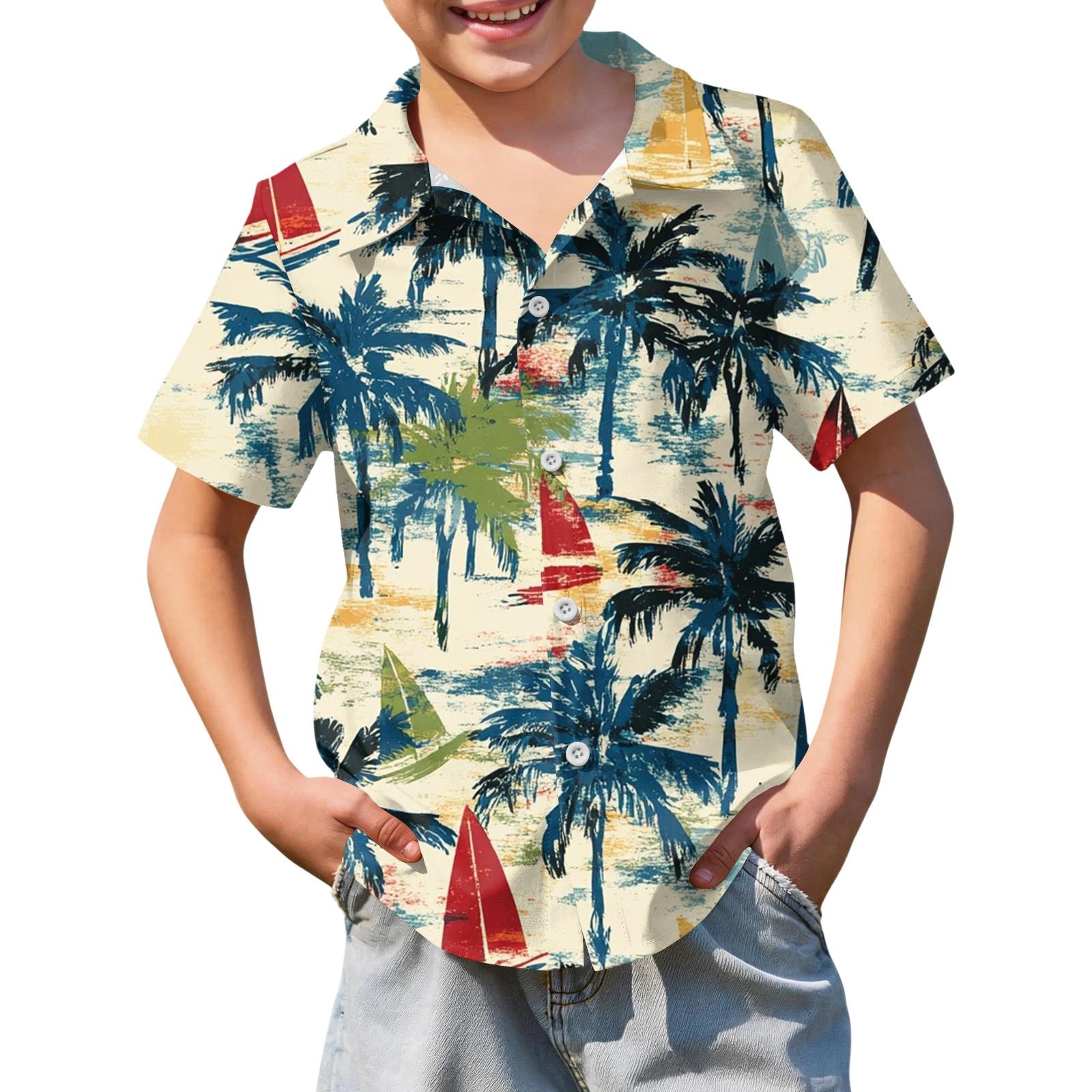 

Boys Short Sleeve Button Down Shirt Tropical Leaf Print Lightweight Summer Casual Shirt for Kids Beachwear 140 Темно-синій
