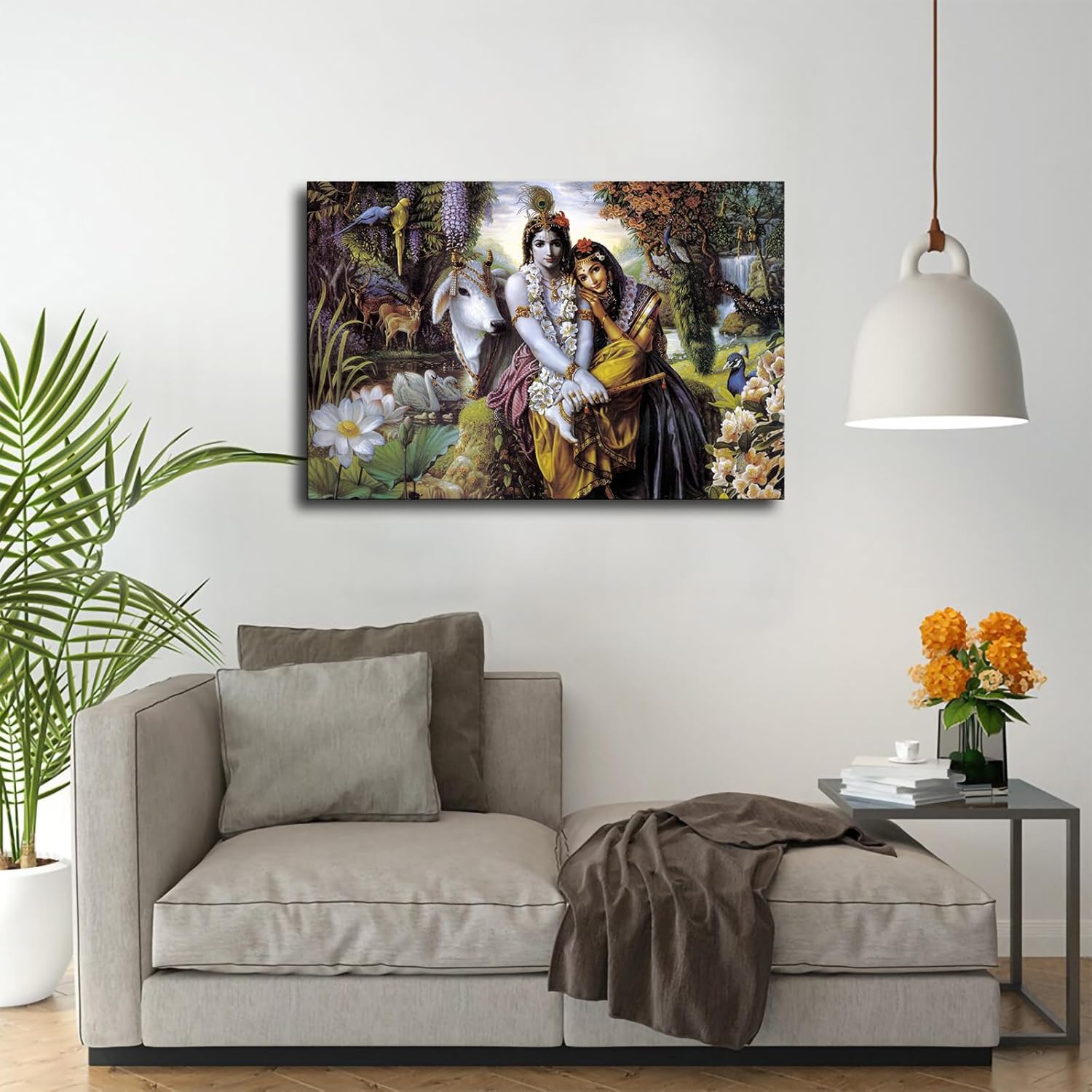 

ВАКУУМ Индийский стиль Радха Кришна, несущий свою корову и флейту у реки, Постер Холст Картина Настенное искусство Печать HD-изображений Произведение искусства Современный офис