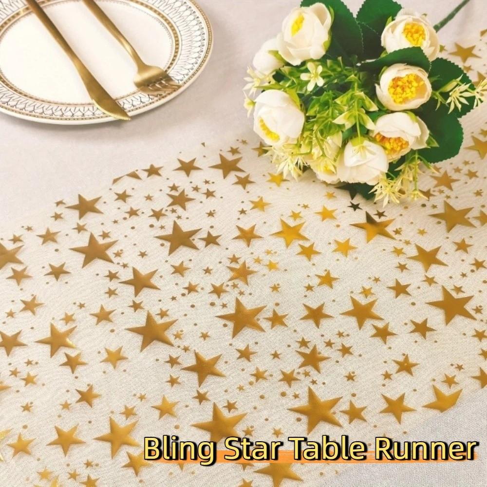 Creative Sheer Mesh Bling Star Table Runner Star Pattern Romantic Mesh Table Runner Polyester Washable Table Cloths Home Party