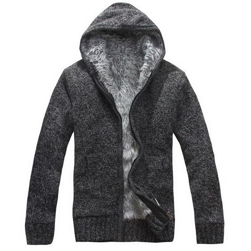 Men's Plus Size Hooded Zipper Knit Fleece Cardigan - European & American Style Sweater Coat Outerwear