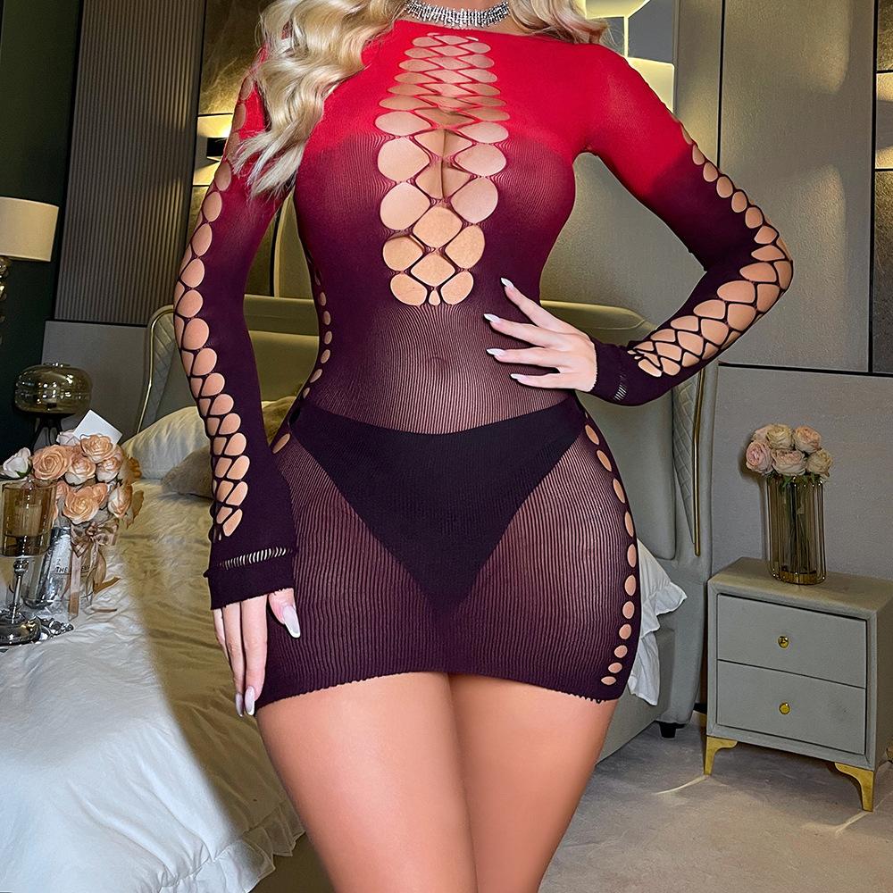 Gradient Red European and American Style Sexy Fishnet Bodysuit Sleepwear Bodycon Dress Long Sleeve Backless Chest-Exposing Mesh Dress
