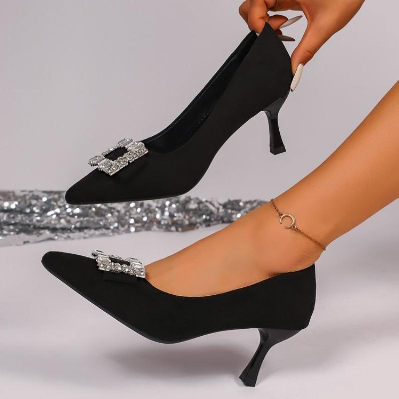 2026 New Women High heels Black Square Buckle Pointed Thin Heeled Baotou Banquet High Heeled Shoes Womens Shoes