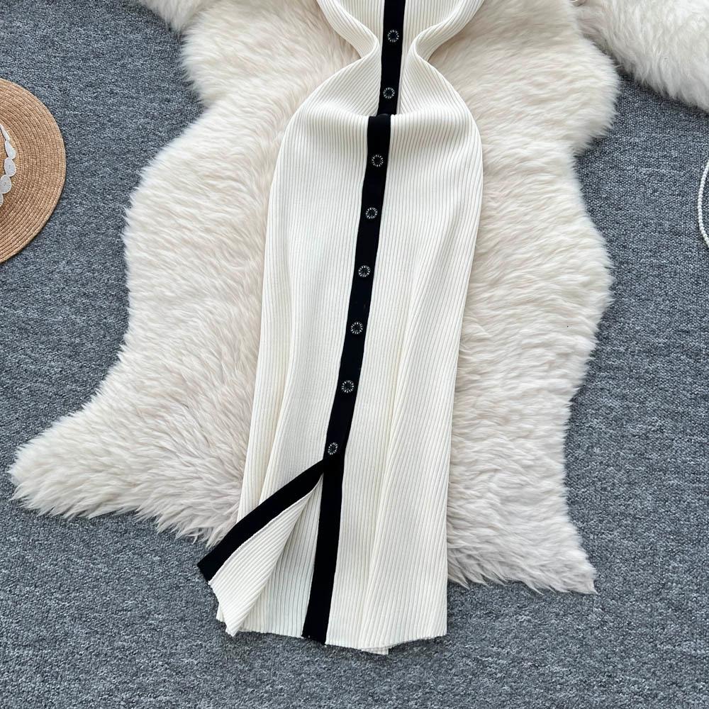 Summer Women Casual V-neck Sleeveless Single Breasted Knitted Sweater Long Midi Dresses
