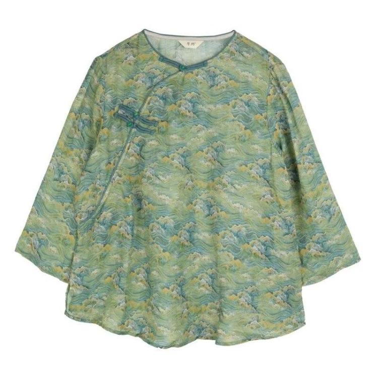 Vintage Floral Print Women T Shirts Chinese Style Loose Button Seven Sleeve Spring Tops