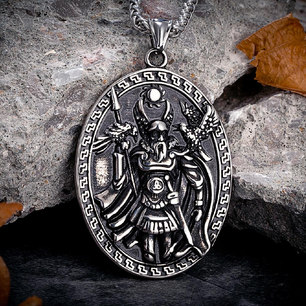 Retro Norse Mythology Warrior Crow Necklace Stainless Steel Double-sided Odins Wolf Raven Pendant Viking Rune Amulet Men Jewelry 60cm