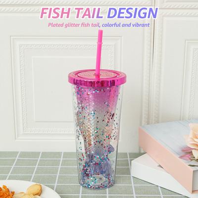 ABS Meerjungfrauenflossen-Becher Doppel-Meerjungfrauenflossen-Trinkbecher 350 ml Farbverlauf-Trinkbecher Auslaufsicher Glitzer Wasserbecher für Party für Kinder