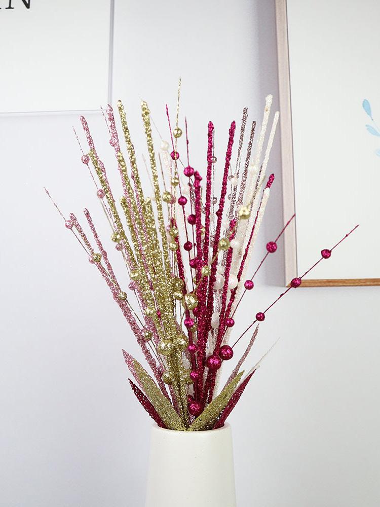 60cm 6 Prong Artificial Glitter Berry Stem with 2 Leaves Xmas Glitter Pick for Home Decor Table Centerpieces White