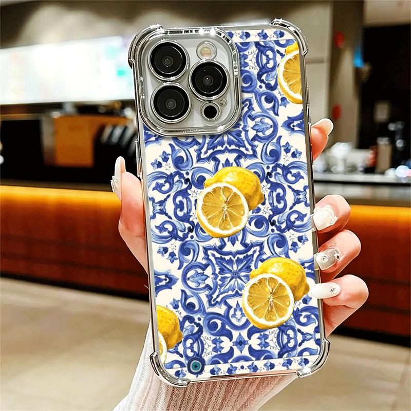 

Mediterranean Lemon Soft Phone Case For iPhone 15 16 17 Air 14 Pro Max 16E Plus 13 12 Mini Plating Anti-Fall Fundas iPhone 16 Pro Max