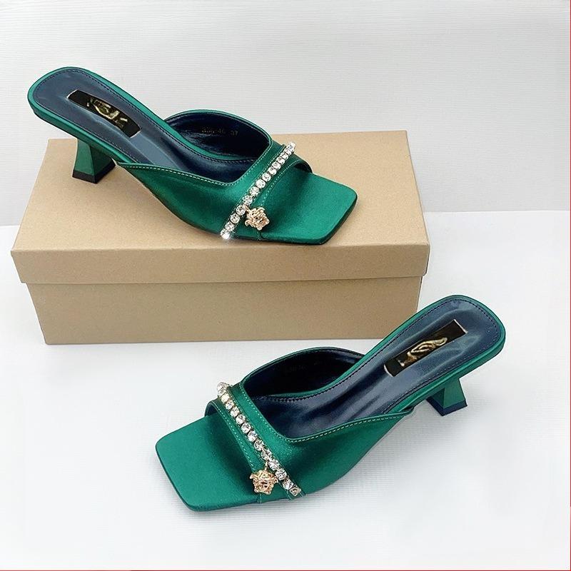 Square Toe Block Heel Rhinestone Single Strap Sandals Women High Heel Casual Summer Slide Shoes