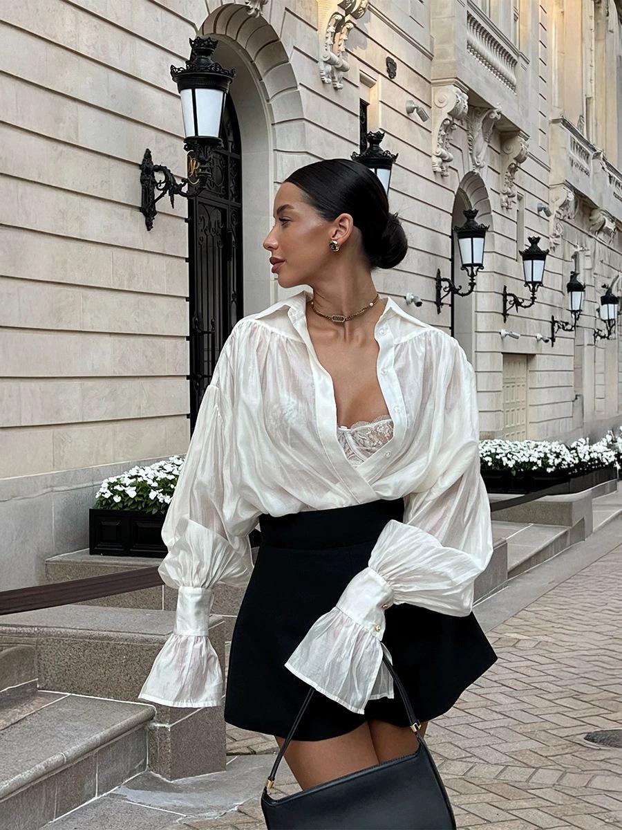

Блузка з рукавами-ліхтариками з французького сатину 2025 - Жіночий повсякденний топ високого класу в європейському та американському стилі Large білий