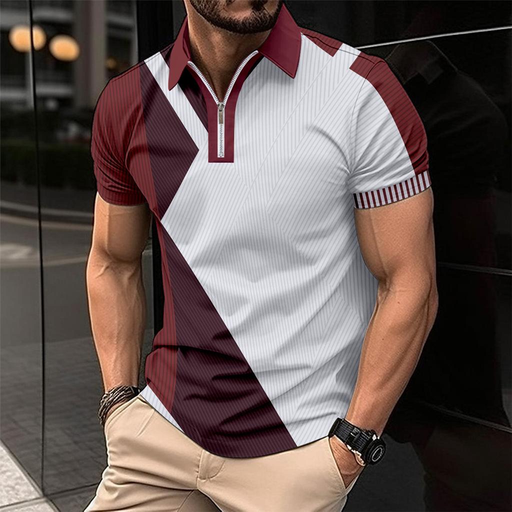 Independent Station Men'S Zipper Polo Shirt Printed Fashion Casual Short Sleeve Shirt