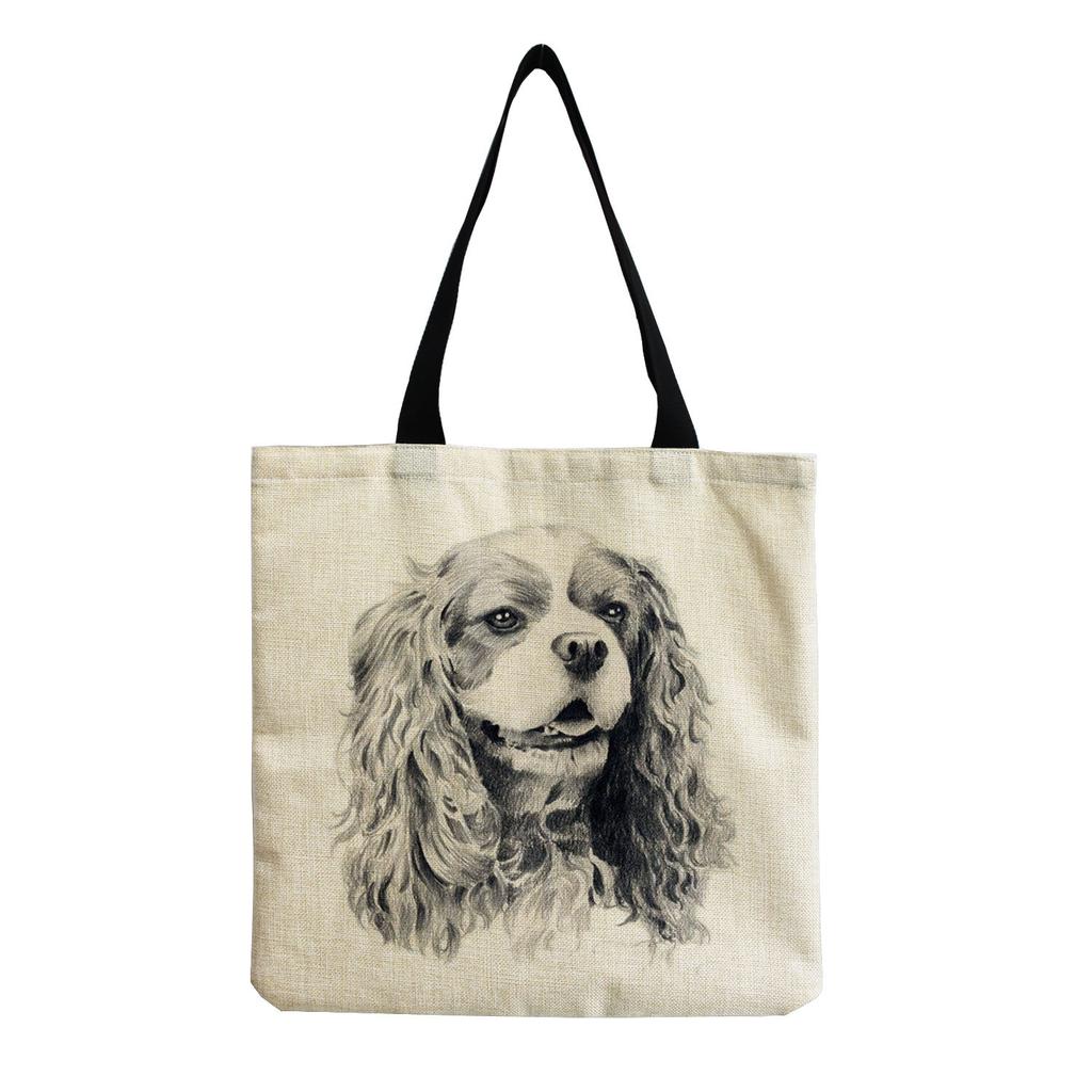 Damen Vintage Leinen-Tragetasche - Große Kapazität Hundeprint Schulter-Handtasche für Freizeit & Lebensmitteleinkauf KTB