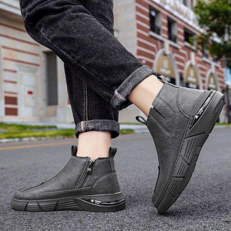 Men Leather Shoes Motorcycle Trend Platform Shoe Fashion Men's High Top Ankle Boots Spring New Waterproof Non Slip Casual Shoes