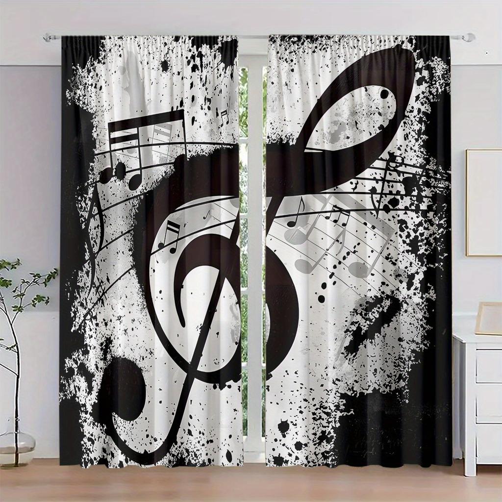 2pcs, Polyester Material, HD Digital Printing Black and White Musical Note Pattern, Light Filtering Curtain, Suitable for Bedroo