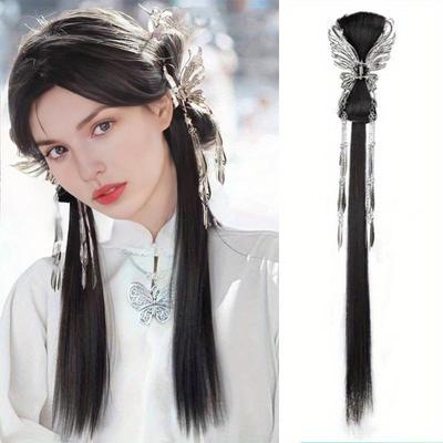 Kavrama klip at kuyruğu yeni Çin tarzı kapmak klip püskül kelebek at kuyruğu antik stil düşük kravat uzun örgü peruk