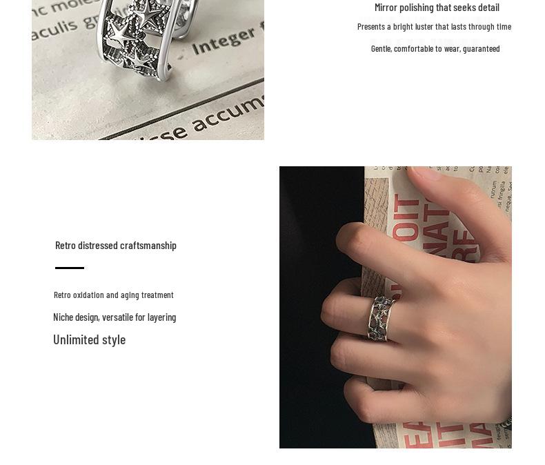 Women's 925 Silver Korean-Style Hollow Star Index Finger Ring - Fashionable Vintage European American Design