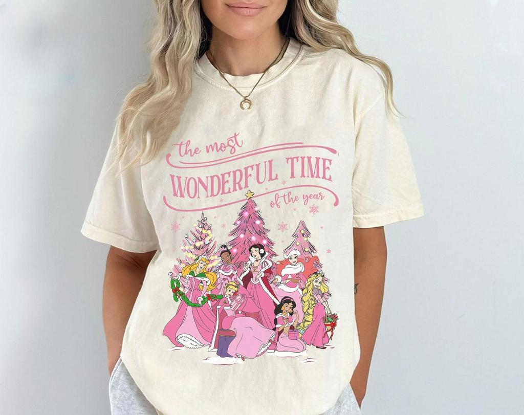 Retro Disney Princess Characters Pink Christmas TShirt Oversized Pure Cotton Short Sleeve Unisex Oversized Loose Casual