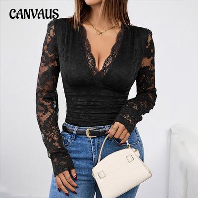 Women's Lace Black Sexy Long Sleeve Tops
