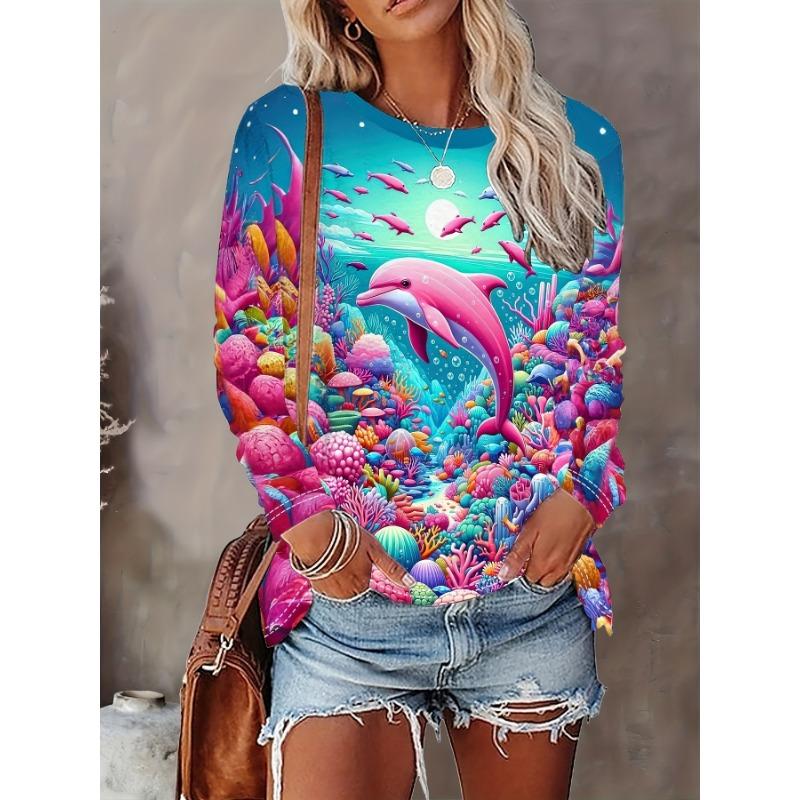

Women s casual long-sleeved round neck top with bright underwater reef and dolphin pattern - medium elastic, machine washable all season comfortable, S
