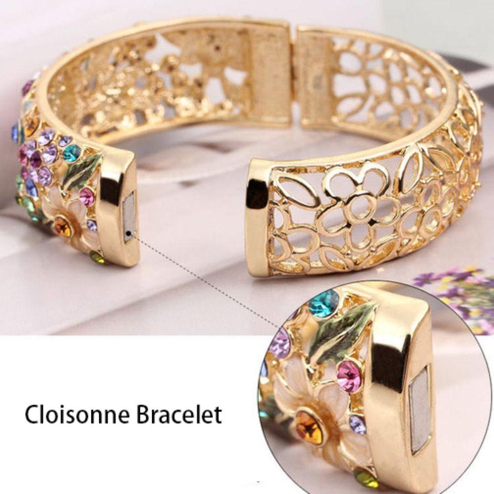 Ethnic Chinese Cloisonne Bracelet Rhinestone Women's Hand Bracelet Hollow Out Flower Bangle  Gifts