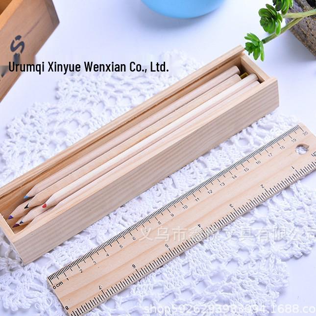 Children's Wooden Box Colored Pencils Set - 12 Colors with Sharpener & Ruler