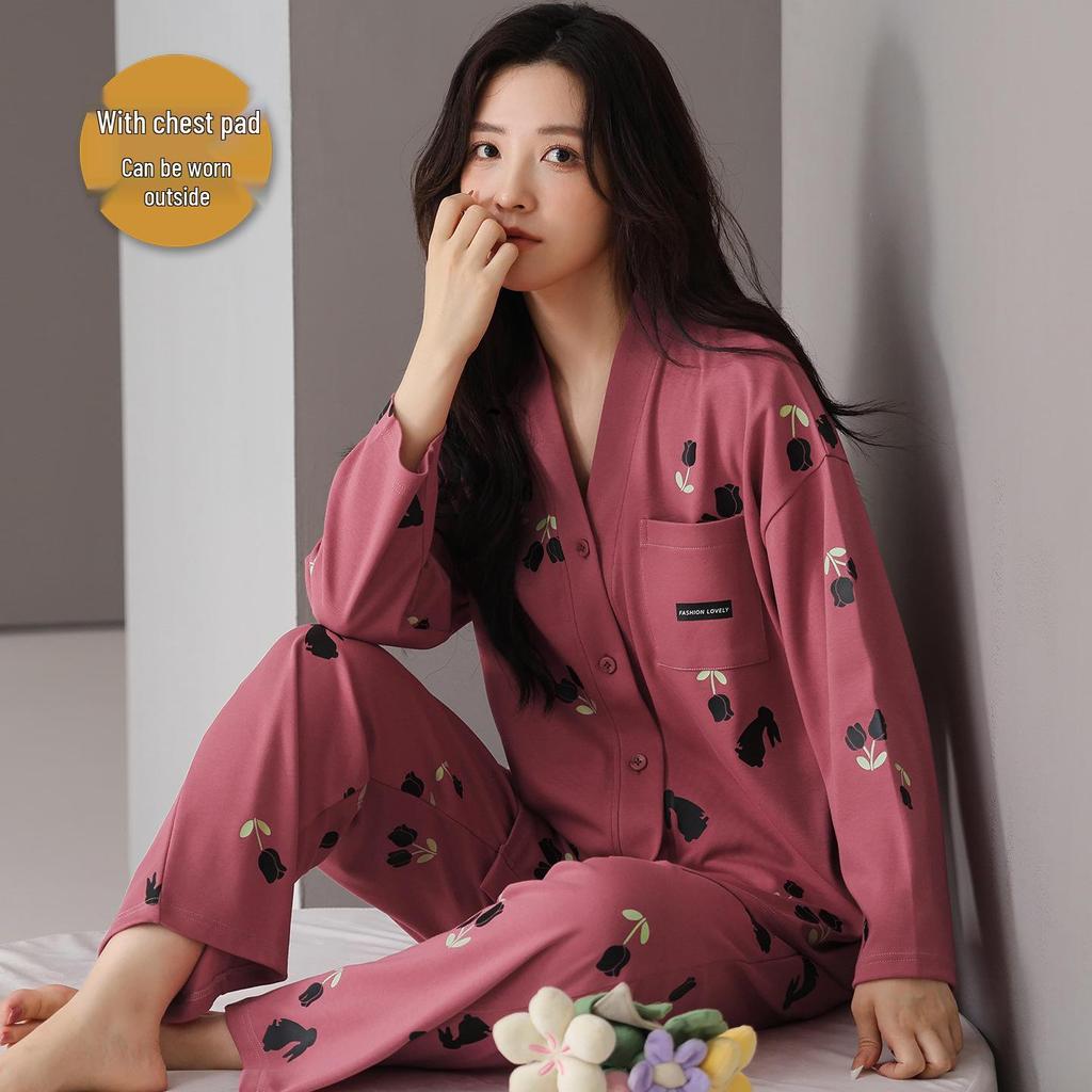 "Striped Korean-Style Cardigan Pajamas Set with Chest Pad for Women, Long-Sleeved, Spring/Autumn, Plus Size"