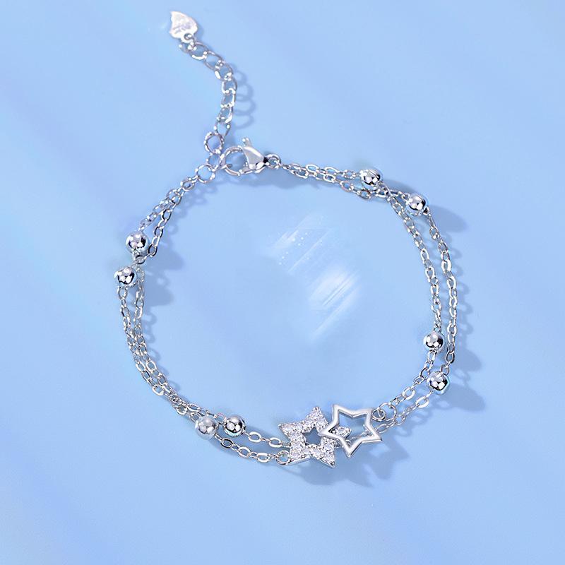 Bracciale Donna A Doppio Strato Argento Con Stelle, Campana E Perline – Catena Estensibile 17,5+3cm