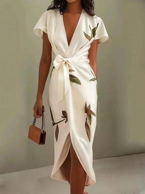 Women's V-Neck Short Sleeve Tie-Up Digital Printed Evening Dress
