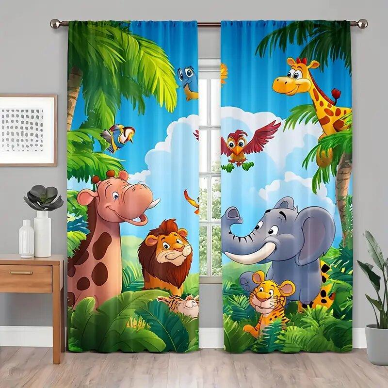 

2pcs - Elephants giraffes lions tigers children s room decorations print curtains pole bag curtains home decoration 100*130 HOOK 1pcs