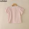 VONDA Summer Women Short Sleeve Bow Knot Lace Hem Casual Cute Tops Cropped Blouse