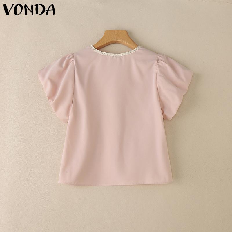 VONDA Summer Women Short Sleeve Bow Knot Lace Hem Casual Cute Tops Cropped Blouse