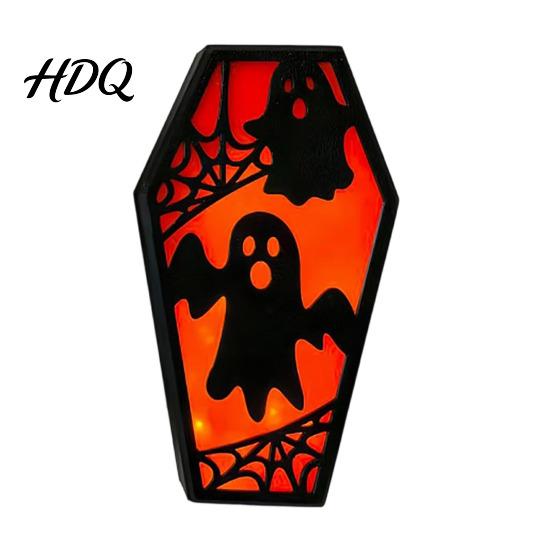 Solid Wood Halloween Craft Casket Decor, DIY Bat Ghost Ornament with Lights, Three-dimensional Spooky Decor Graveyard Scene Prop for Party Home