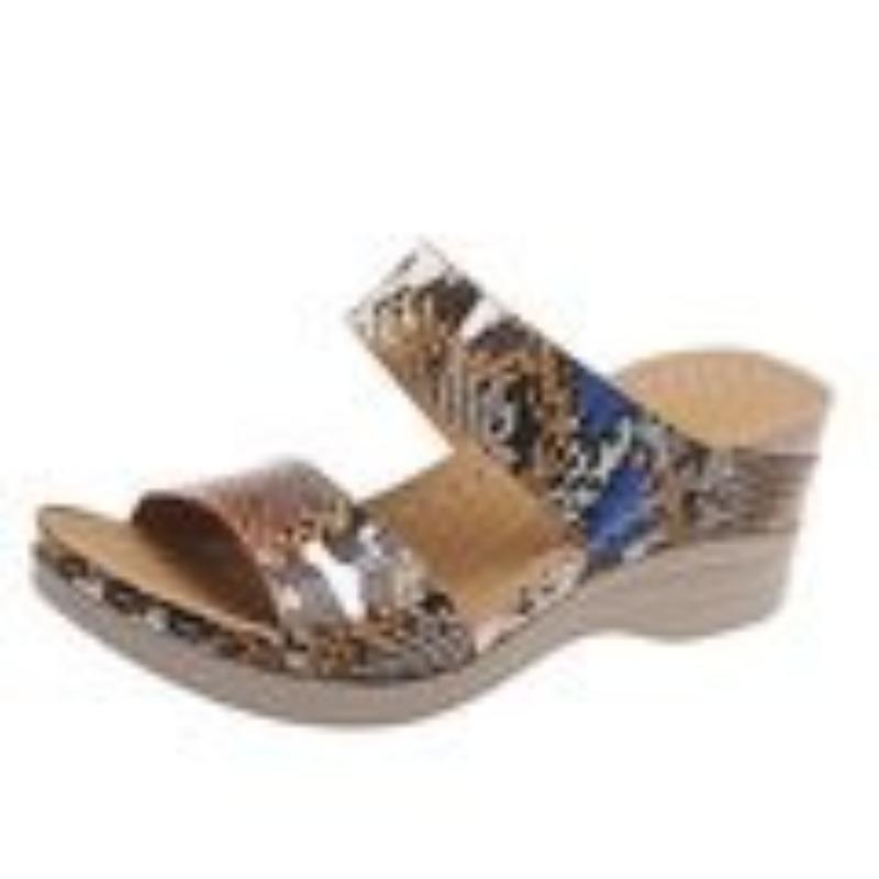 Summer new large size casual round head leopard print snake print flower high heel women's wedge heel slippers