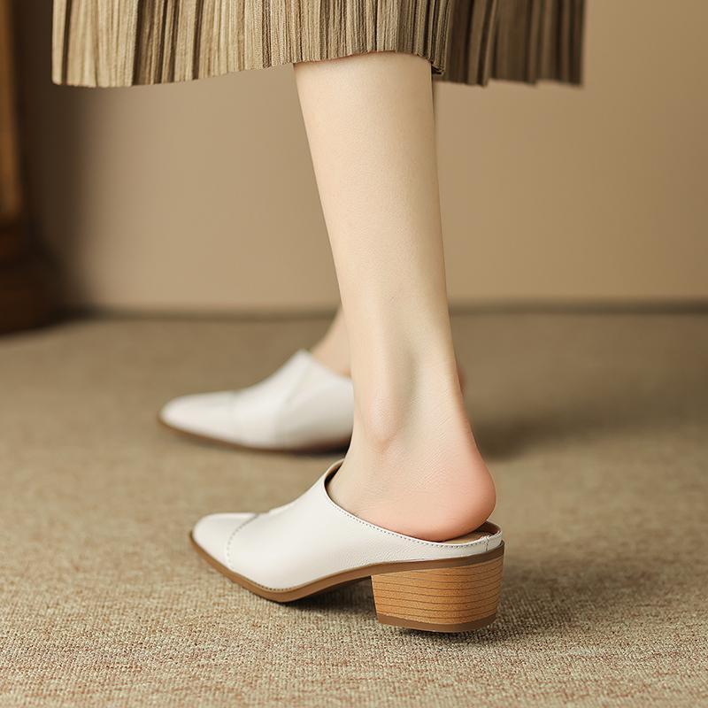 In the summer of 2025, the new bag head half slippers women's outer wear medium heel thick heel non-slip beige white temperament versatile sandals