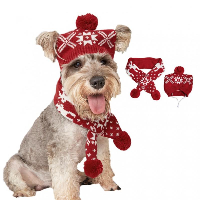 Knitted Pet Scarf Hat Set Cats Dogs Christmas Winter Accessory Adjustable Collar Bib